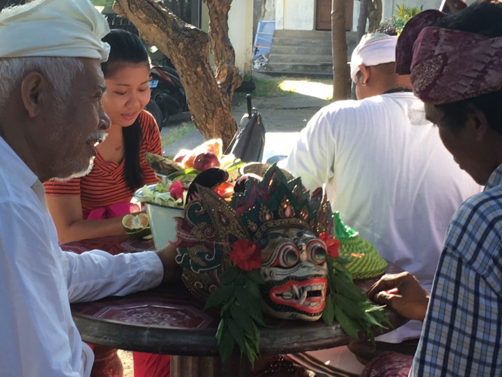 Guru Gede is on the left here preparing masks. Yesterday he gave us a session on Balinese performance art, especially his mastery of traditional songs for the Wayan Wong. 